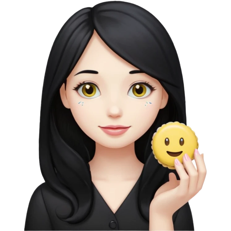 pale girl with long black hair holding a macaron, emoji style emoji