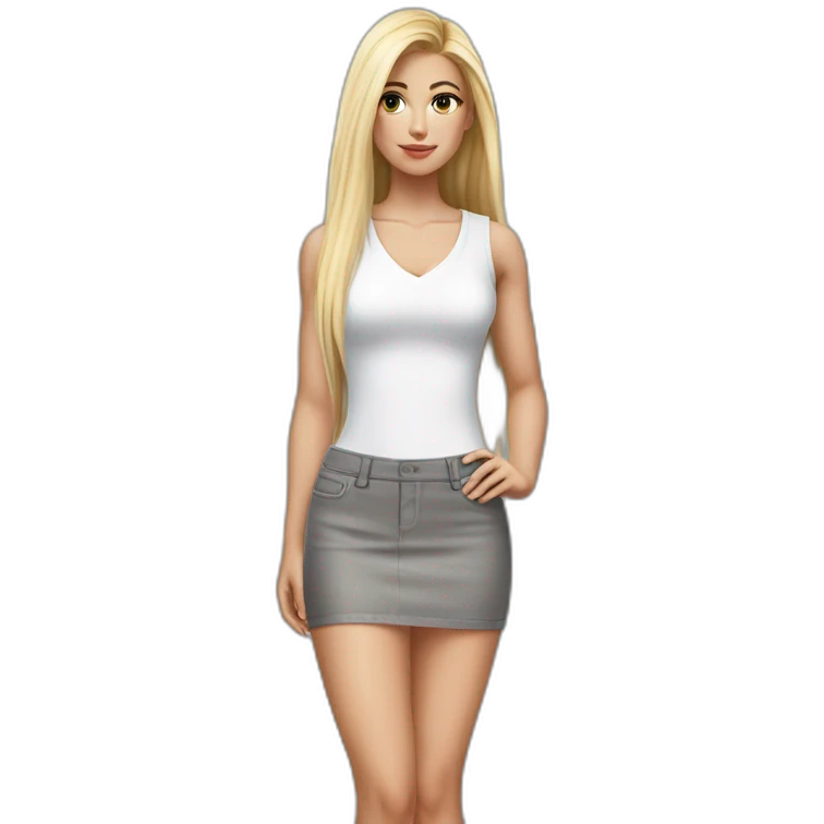 hyperrealistic caucasian blonde, long straight hair, white deep v-neck crop tanktop, gray tight mini skirt emoji