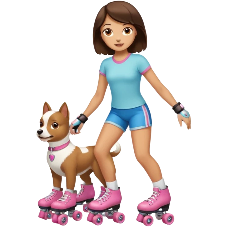 Tan Brunette on roller skates with little white dog emoji