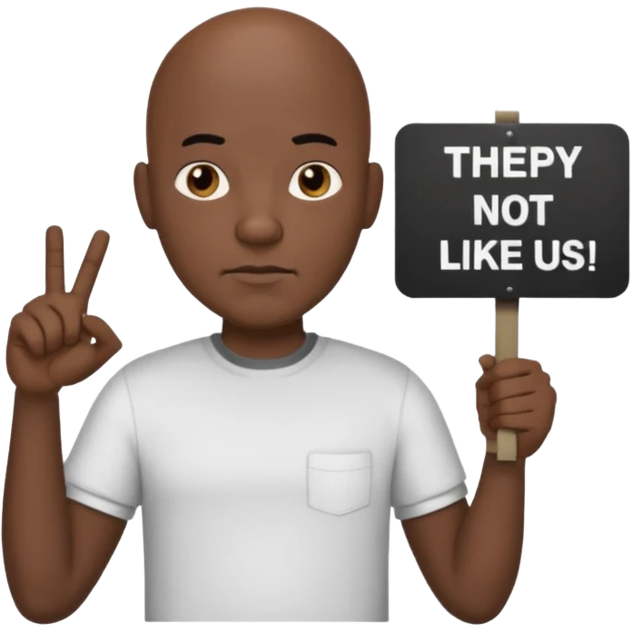Bald black cartoon man with  “They Not Like Us” on his shirt holding a sign that says Bando emoji