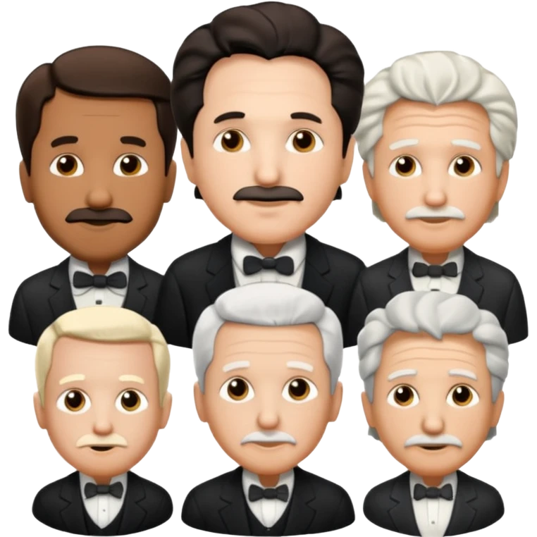 Generate in realistic style Franklin, Edison, Ford in the first row, Einstein, Jobs and Musk in the second behind them. png on transparent background emoji