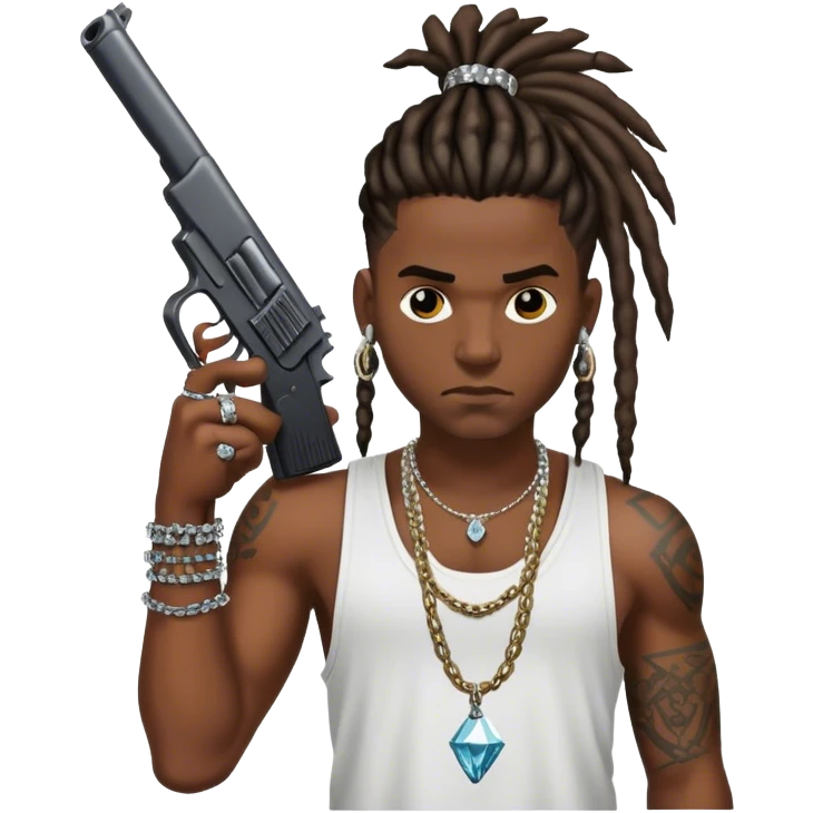 african-american race pig with dreads looking gangster with gun and tank top, with diamond blinging chain, with tattoos emoji
