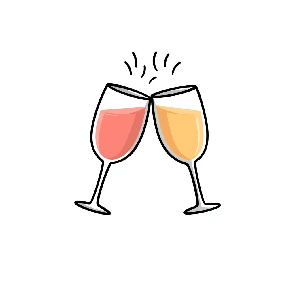 a pair of elegant goblets or wine glasses clinking together, pastel colors dd9fb0, ffc6d3, a3bfc9, c4bee2, f1b091, detailed hand-drawn doodle style emoji