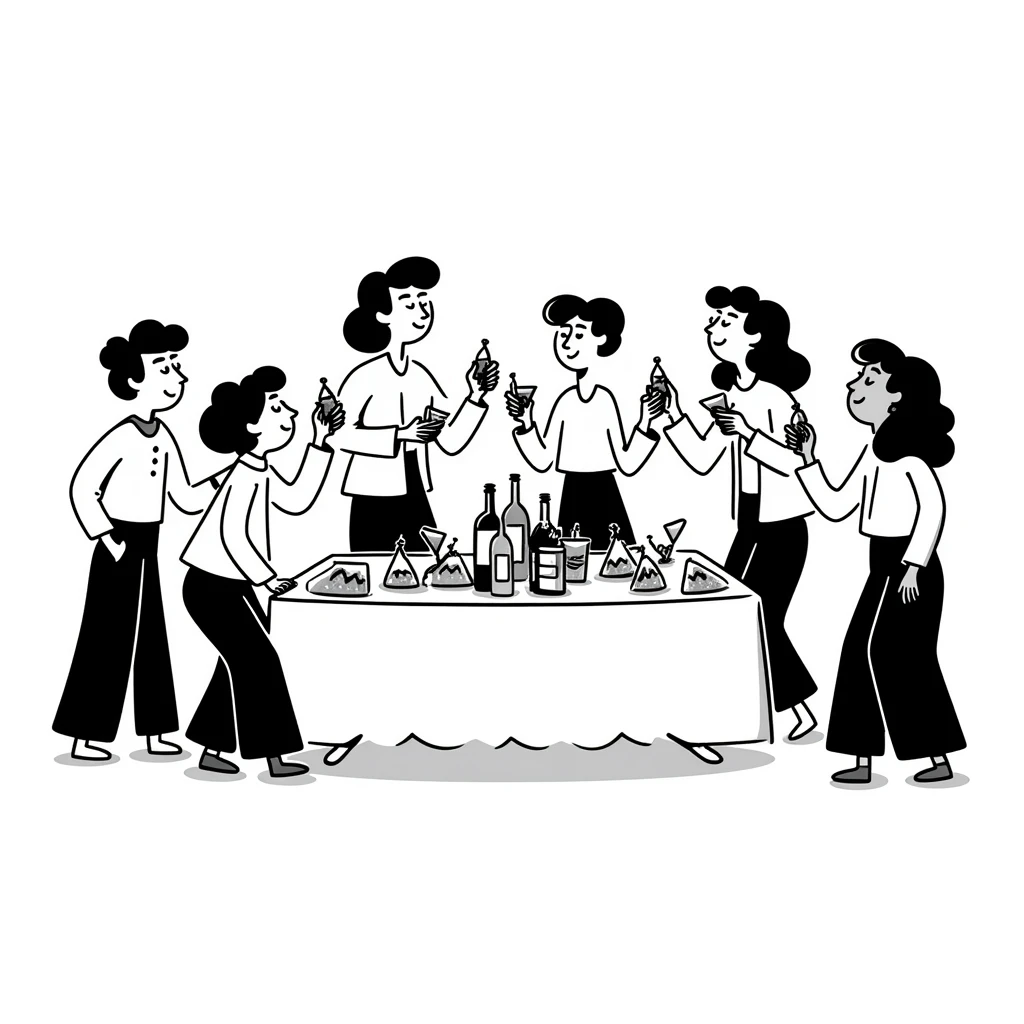fun office holiday party with coworkers dancing, drinking and socializing around a decorated conference table emoji