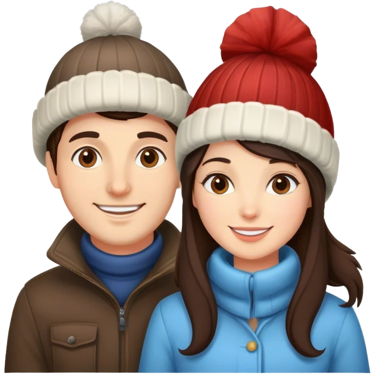 happy brunette man and woman in winter hats emoji
