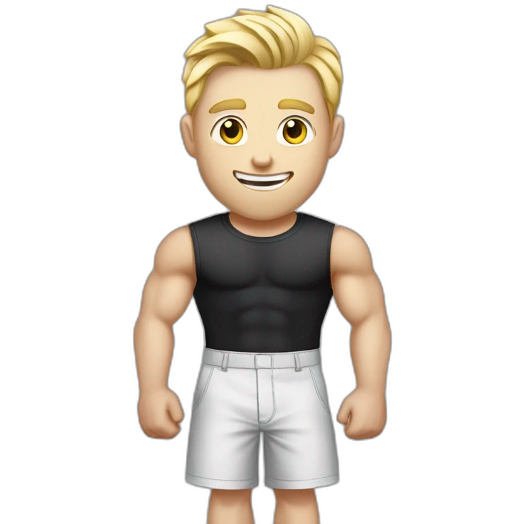 Pale skinned Fit Man With the biceps and blonde hair in black shirt, gray sports shorts and white Sneakers Writing text on the flipchart emoji