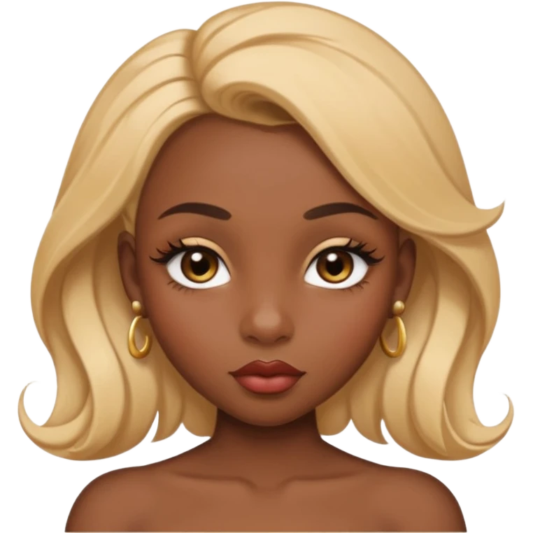 darkskin female with eyebrows that are naturally shaped and frame eyes well, eyes that are almond-shaped with defined lashes. nd lips are full with a defined cupid’s bow, add also a septum piercing that adds an edgy, stylish flair. a middle-part, honey blonde bust-down with laid baby hairs emoji