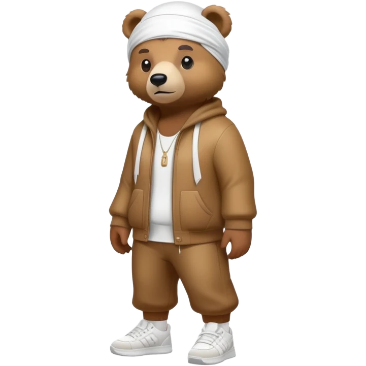 Complete full-body view of a bear wearing a white durag and stylish urban sneakers, showing from head to toe emoji