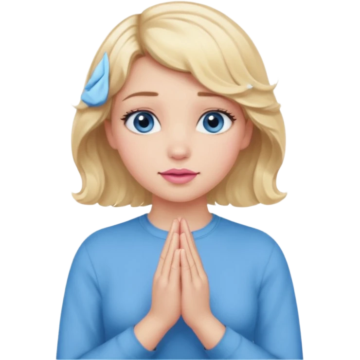 Girl Blonde short wavy hair,  blue eyes, cute blue top, long lashes, pink lips, praying hands emoji