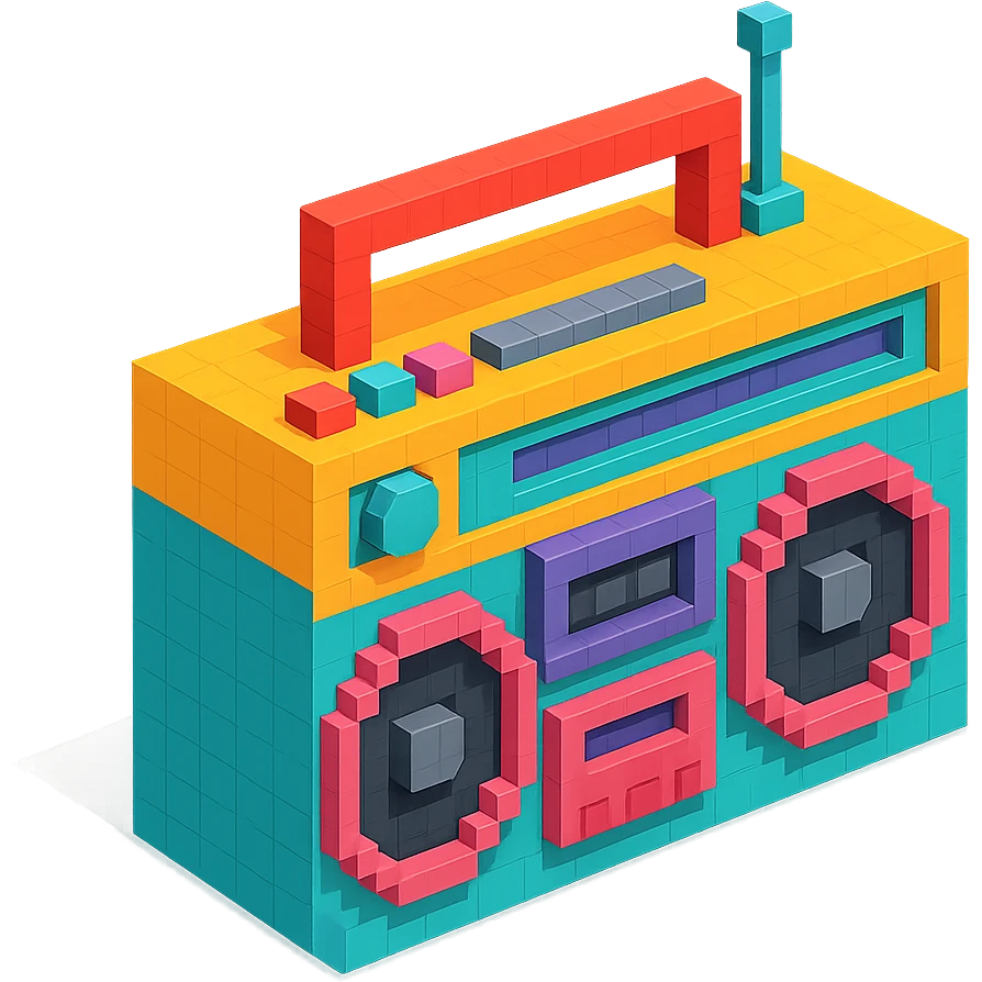 retro boombox with detailed buttons, cassette player, and large speakers emoji
