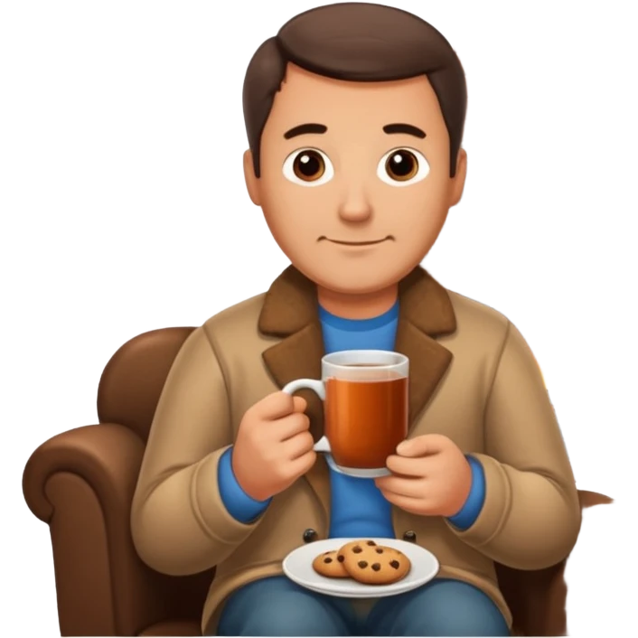 Cozy handsome 45 year old man sitting next to a nice fireplace with a hot apple cider, book, and plate of chocolate cookies. emoji