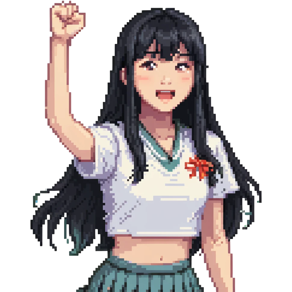 East Asian woman with long black straight hair and bangs cheering for Doosan Bears baseball team emoji