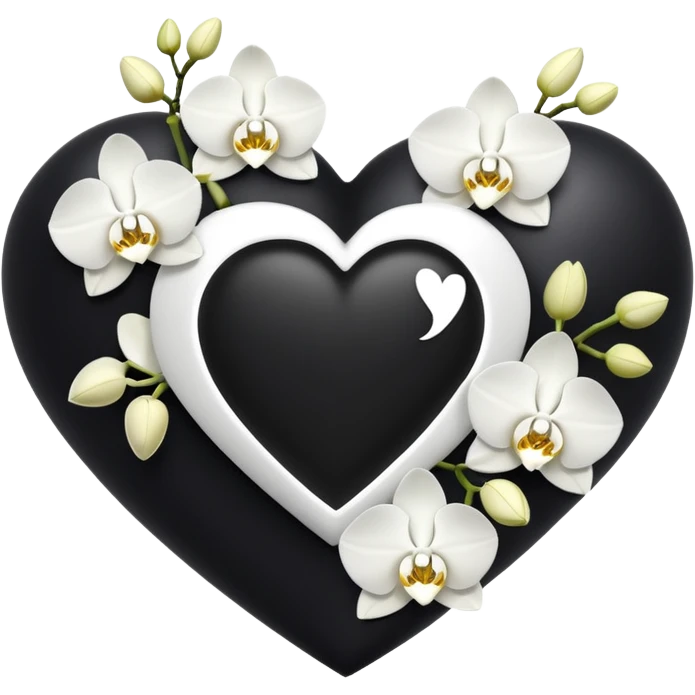 Black heart with white orchids surrounding heart with kelz written in the center in white emoji