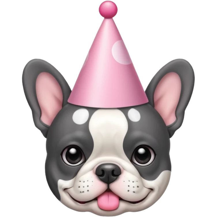 french bulldog with a birthday hat and black and white and grey coloring. please make it emoji style please. also please make the dog have a pink hat emoji