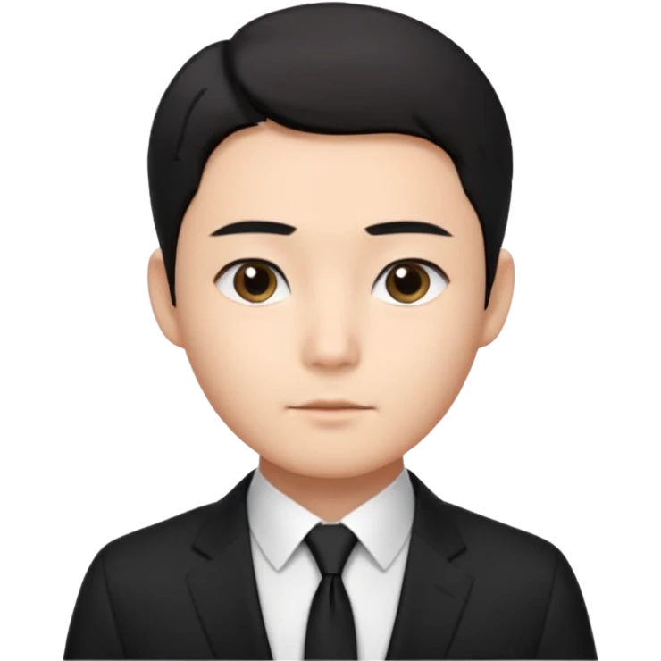 Korean male, clean studio portrait, short black hair with soft middle part,
natural skin tone, neat eyebrows, calm expression,
wearing a black suit, white shirt, black tie,
passport photo style, front facing, realistic, clean background emoji