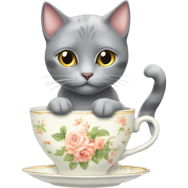 Cute grey cat drinking from vintage tea cup emoji