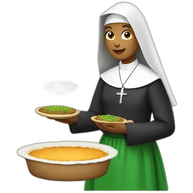 a nun wearing in green presenting a shepherd pie emoji