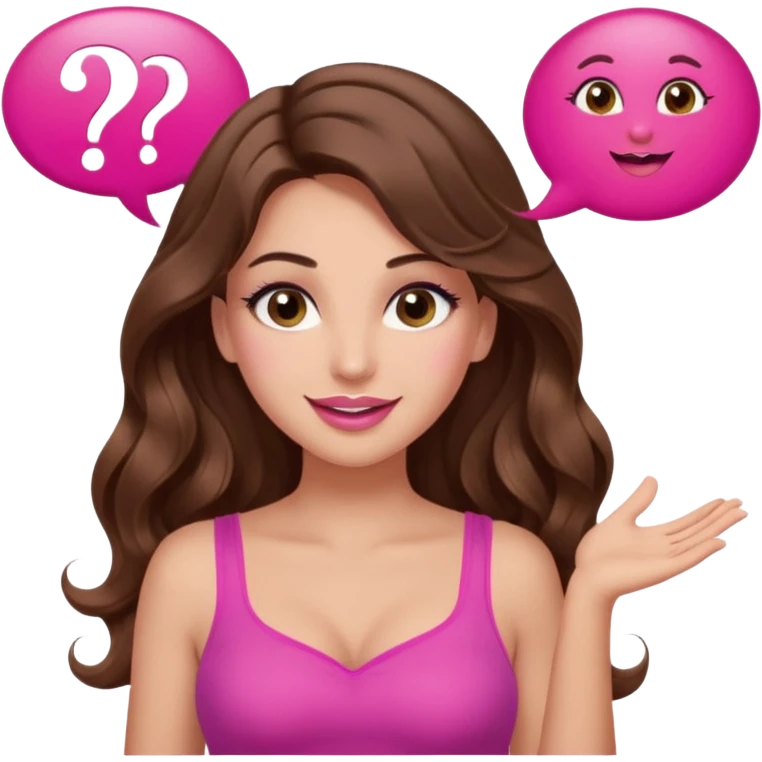 girl with long wavy brown hair, brown eyes, long lashes makeup, sexy pink lips, light to medium complexion, wearing a pink sexy top, shugging, smiling, question mark one speech bubble emoji