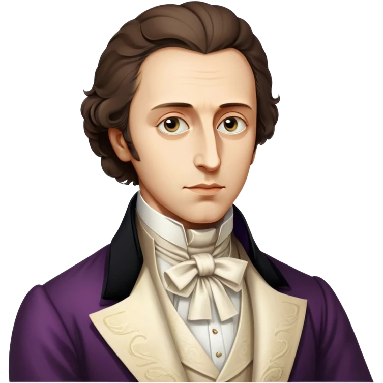 Cinematic Realistic Chopin Portrait Emoji, depicted as an introspective composer with expressive eyes and period attire, rendered with rich textured detail and soft classical lighting that captures his emotive musical genius. emoji