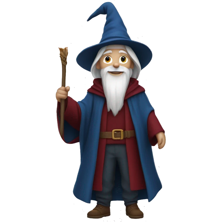 a wizard dressed in dark blueish red happy. full body is shown emoji