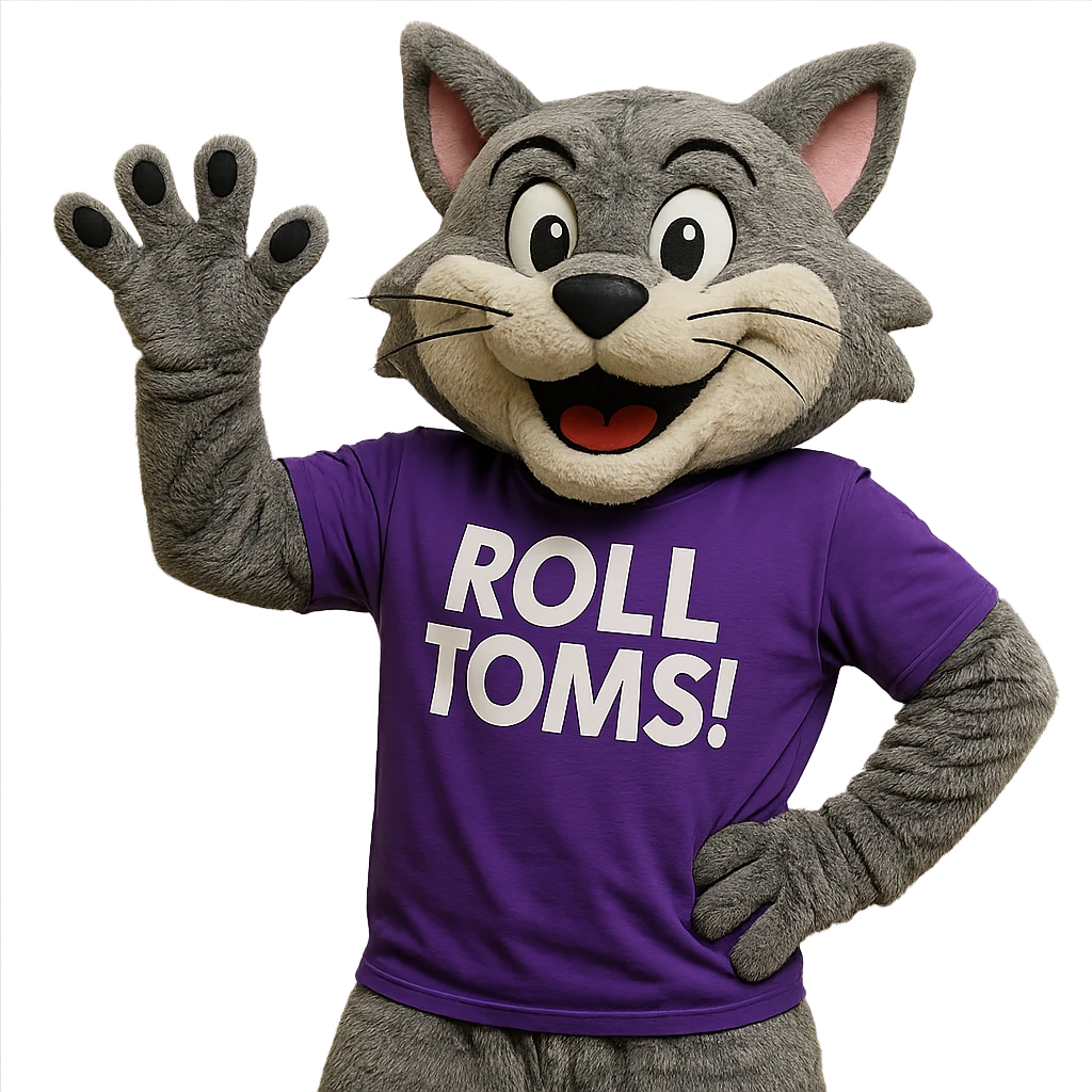 Tommie the Tomcat, University of St. Thomas mascot, in a purple t-shirt with 'Roll Toms!' text, waving and looking energetic emoji