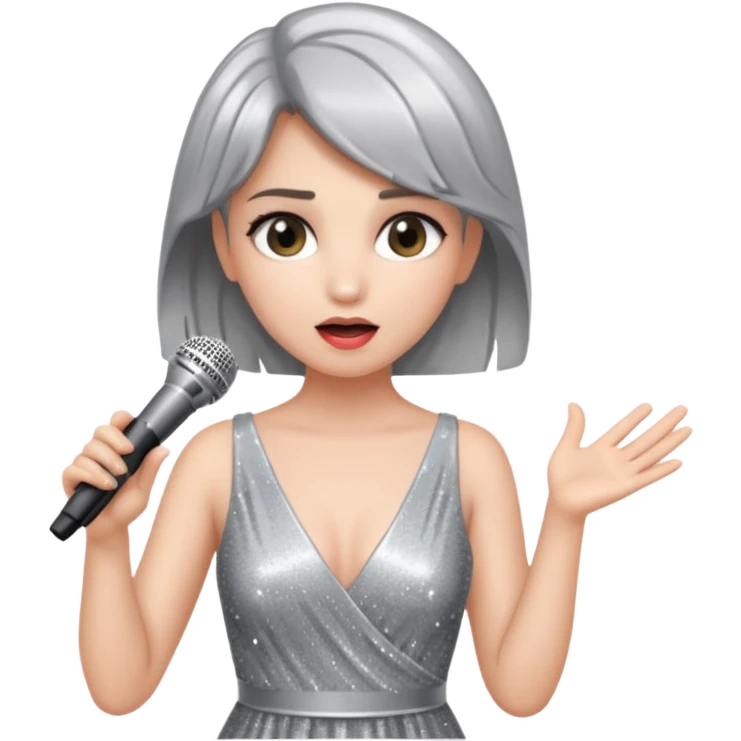 A female singer in sparkling dress holding a mic with emotional expression emoji