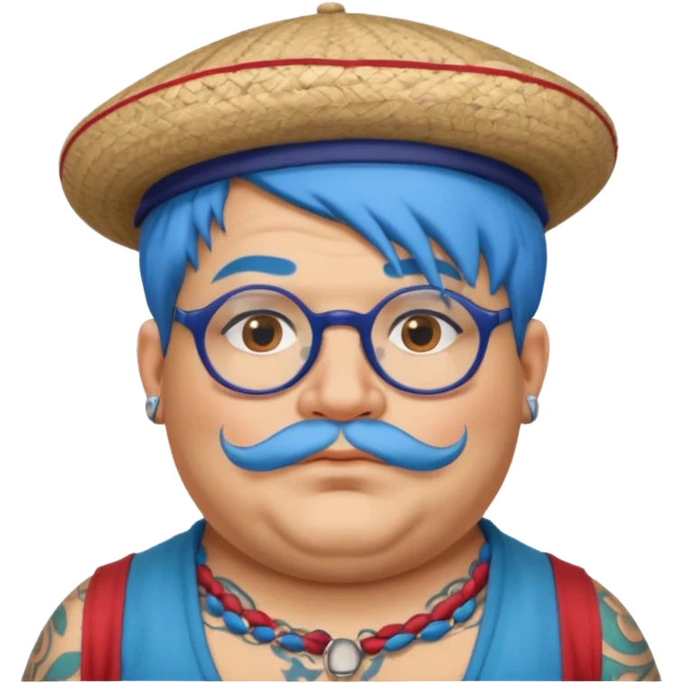 very tattoed face, normal glassess, fat venice gondolier with iconic hat and blue hair woman emoji