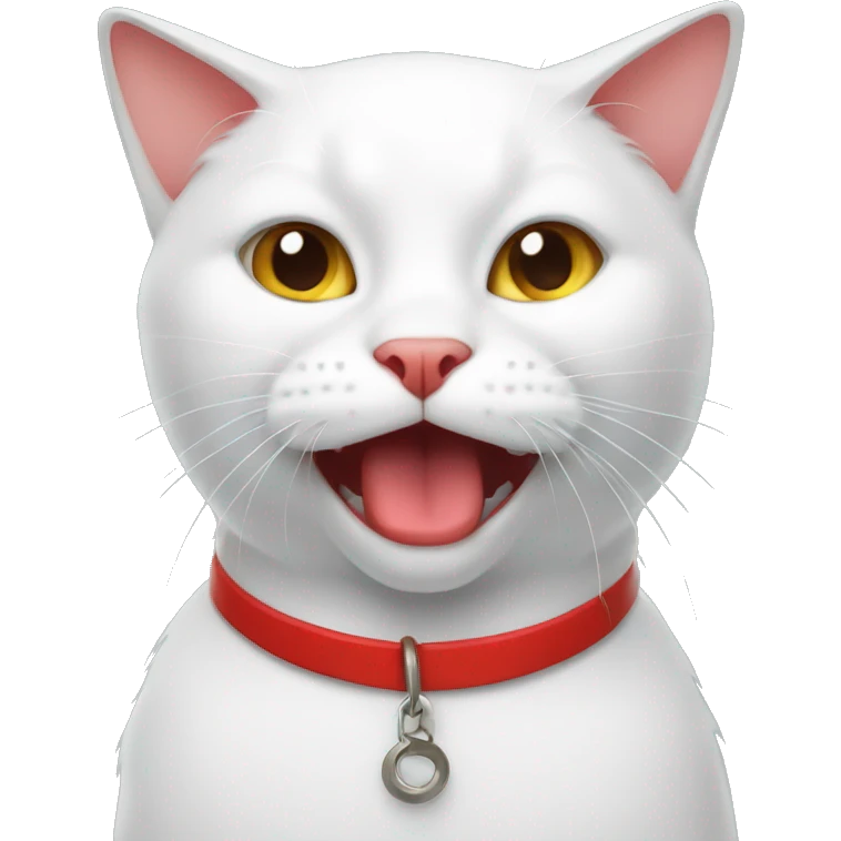 White cat with red collar and fish in mouth emoji