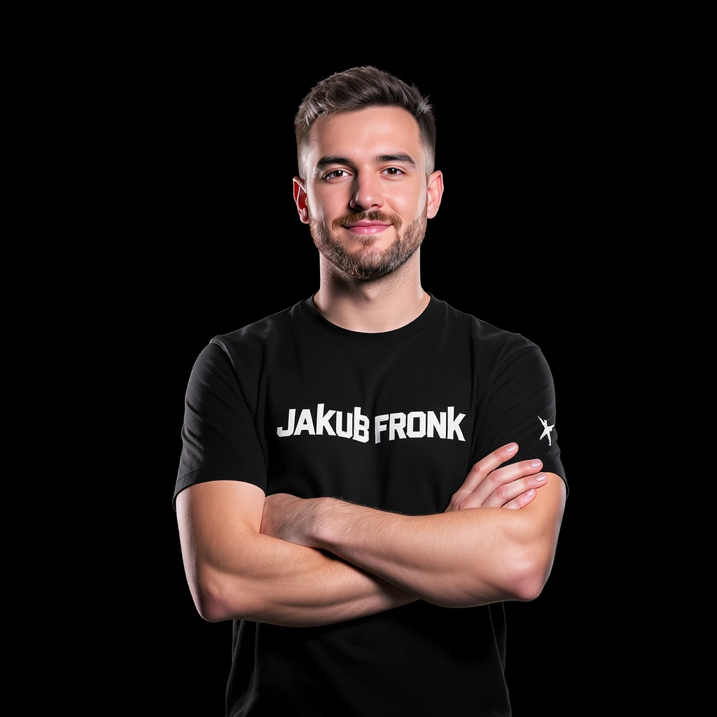 Csgo pro player profile proffesional photo, low key light back light, man standing crossed hands with tshirt with text "Jakub Fronk" black solid background emoji