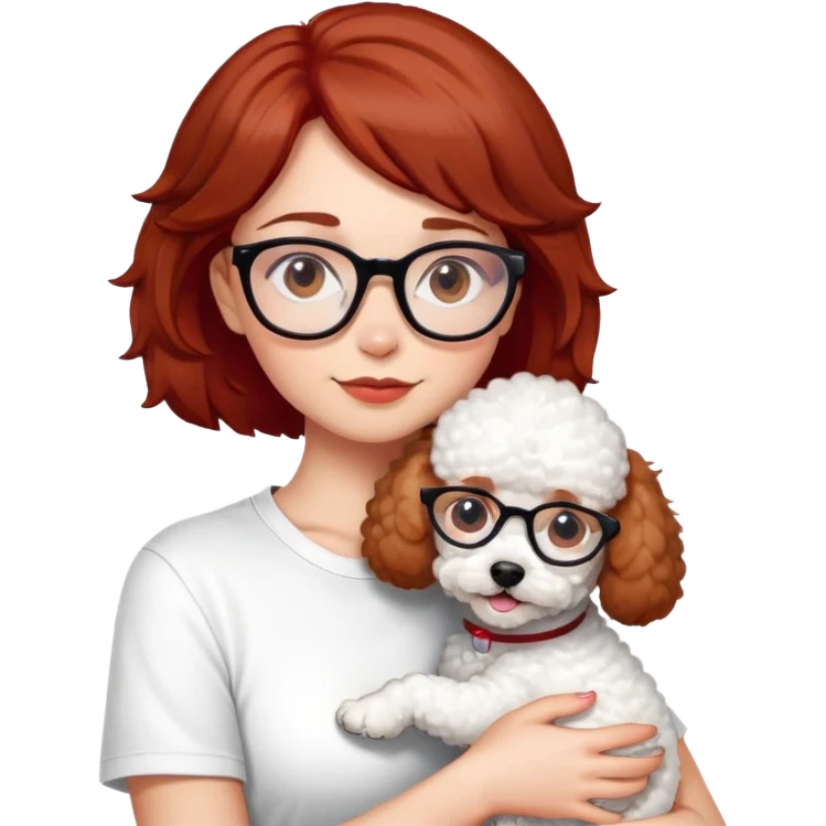 Girl with medium-short dark brown-red hair with glasses, white t-shirt, brown eyes, hugging a white toy poodle emoji