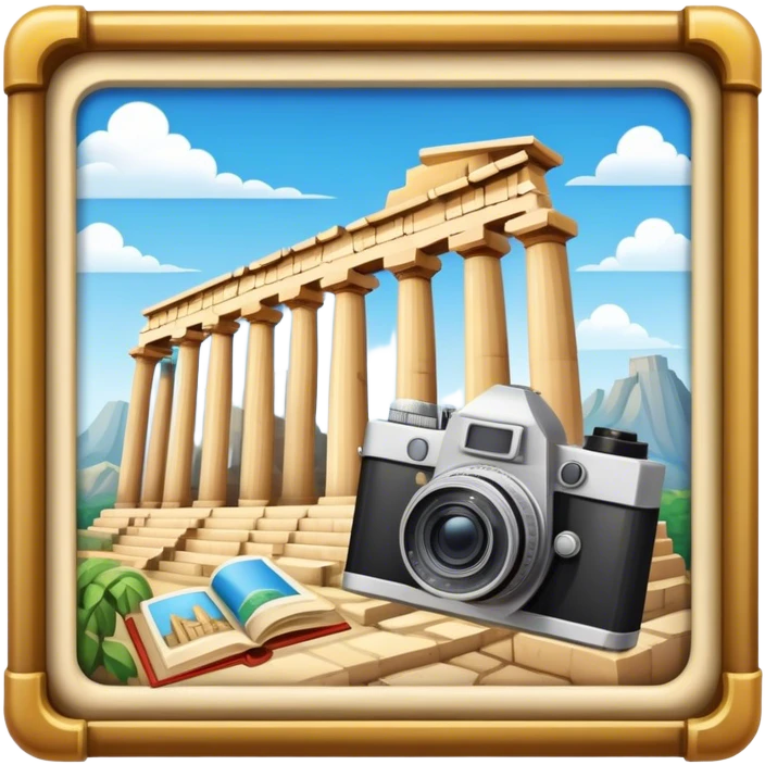 Icon for Historical and Cultural Tourism: iconic landmarks like ancient ruins, a museum and a historical monument, with a travel guidebook and camera. The icon should capture the exploration of history and culture. Transparent background. emoji