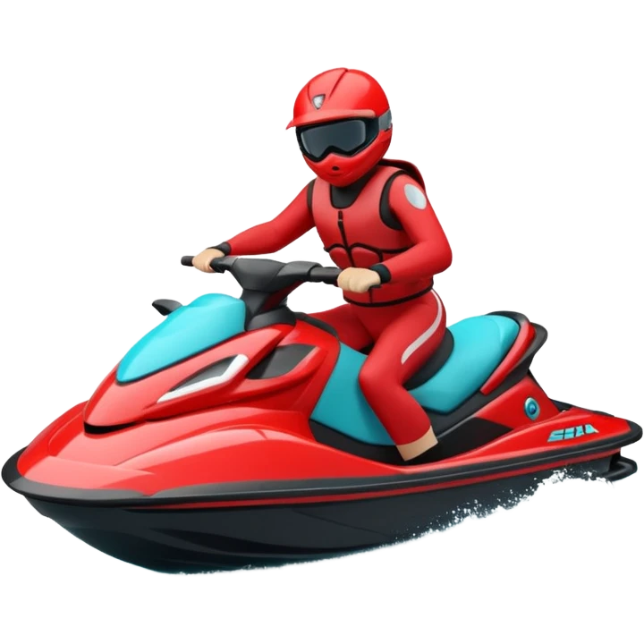 jet ski (red black and white all in the same amount. maybe a red a bit more dominant) on the sea. show the sea under the jet ski - blue with turquoise. no sky - white background instead. DO NOT REMOVE THE SEA AND THE WHITE WHEN FINALIZING!  emoji