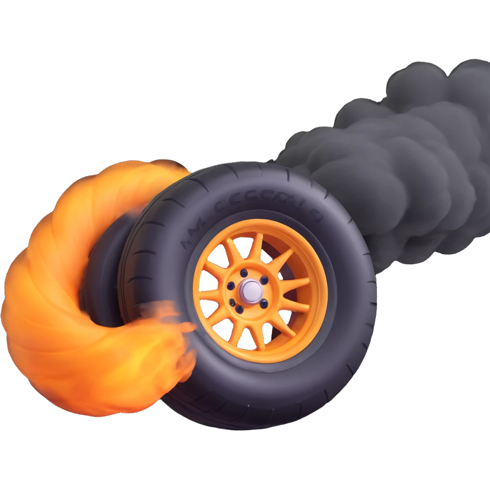 Formula 1 car tire spinning with smoke, energetic, close-up, stylized emoji