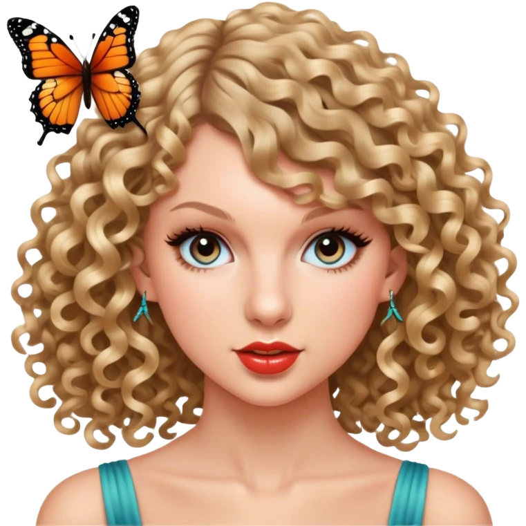 Taylor Swift with curl hair and a butterfly emoji