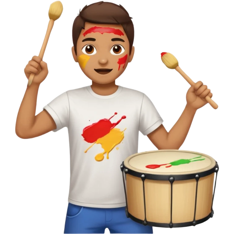 A loud fan, simple tee shirt with paint on his cheeks with a marching drum, beating it with enthusiasm emoji