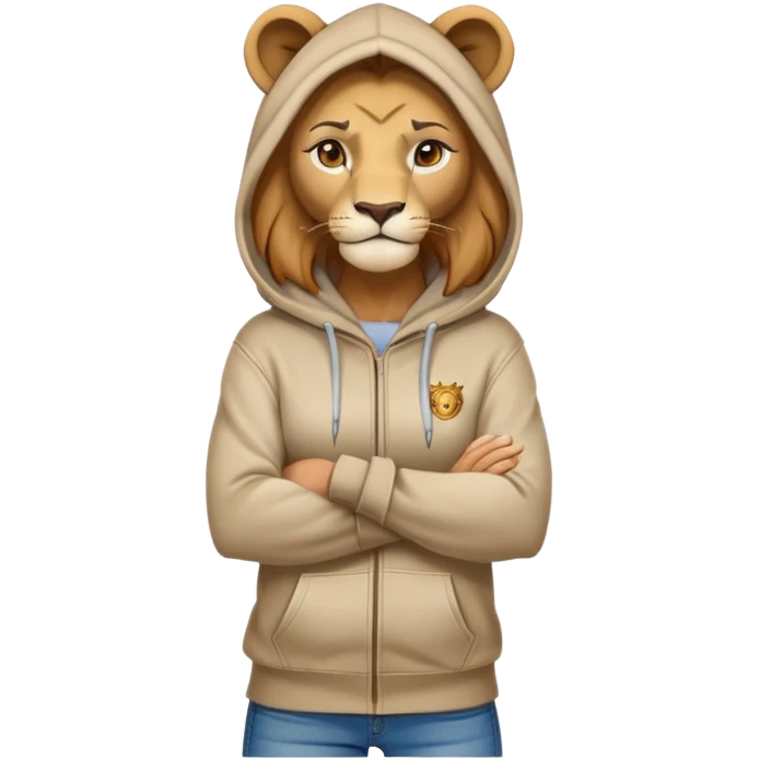 determined anthropomorphised female lion in a hoodie and jeans with arms folded, confident stance emoji