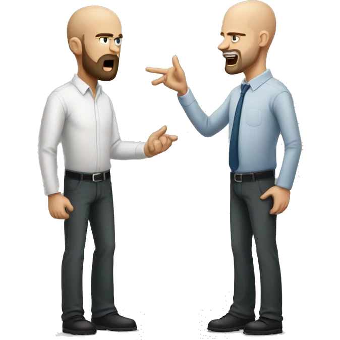 tall bald thin software engineer while arguing with his smaller boss with beard emoji