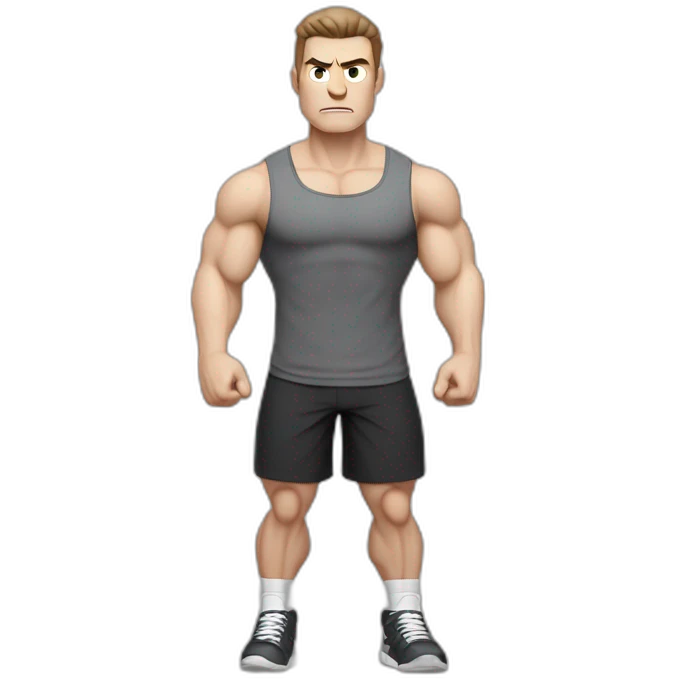 Angry Pale skinned Fit Man With the biceps and dark brown hair in black shirt, gray sports shorts and white Sneakers emoji