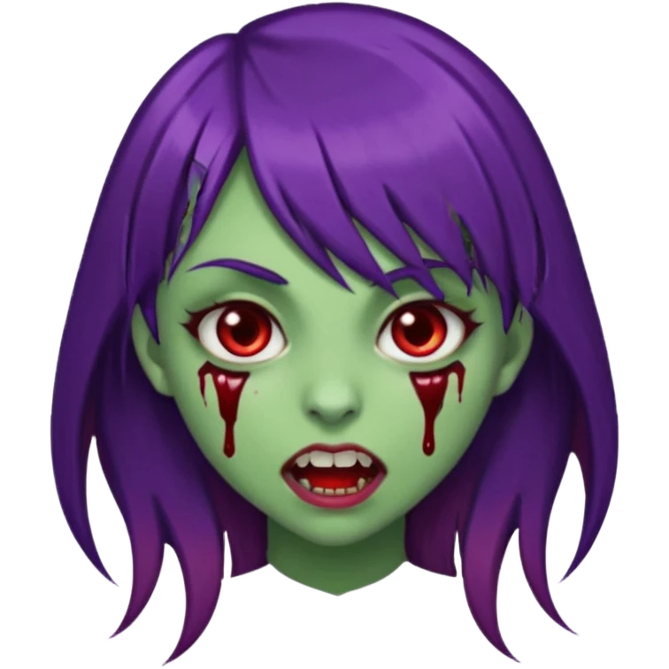 uma garota com cabelo marrom com franja lateral e dois fios de cabelos são roxos na franja, e o cabelo é liso, e a pele dela é verde e a boca normal dente de vampiro e com sangue pingado no canto e um piercing no canto da boca. emoji