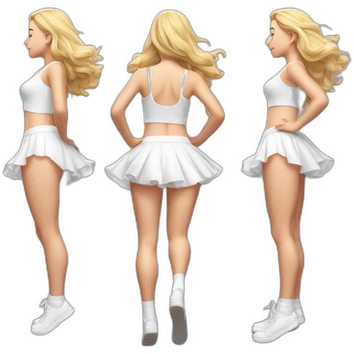 hyperrealistic-full-body-caucasian-curvy-beauty-jumping-small white-skirt-back-and-front-views-strong-wind-white knickers white socks emoji