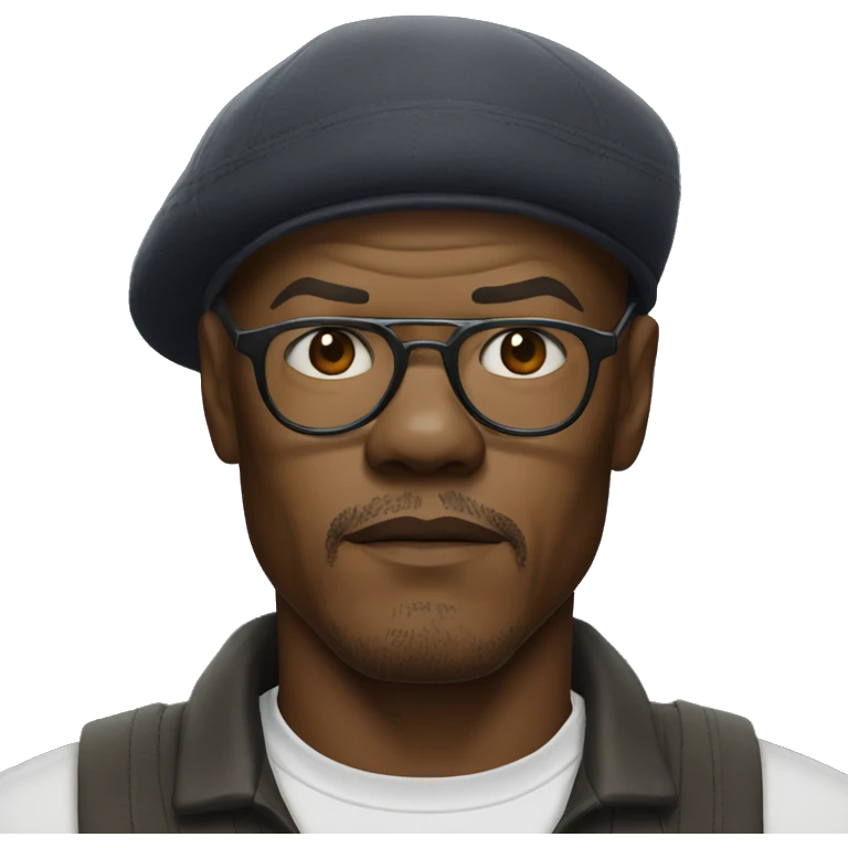 bald samuel l jackson serious wearing shirt and backwards Kangol emoji