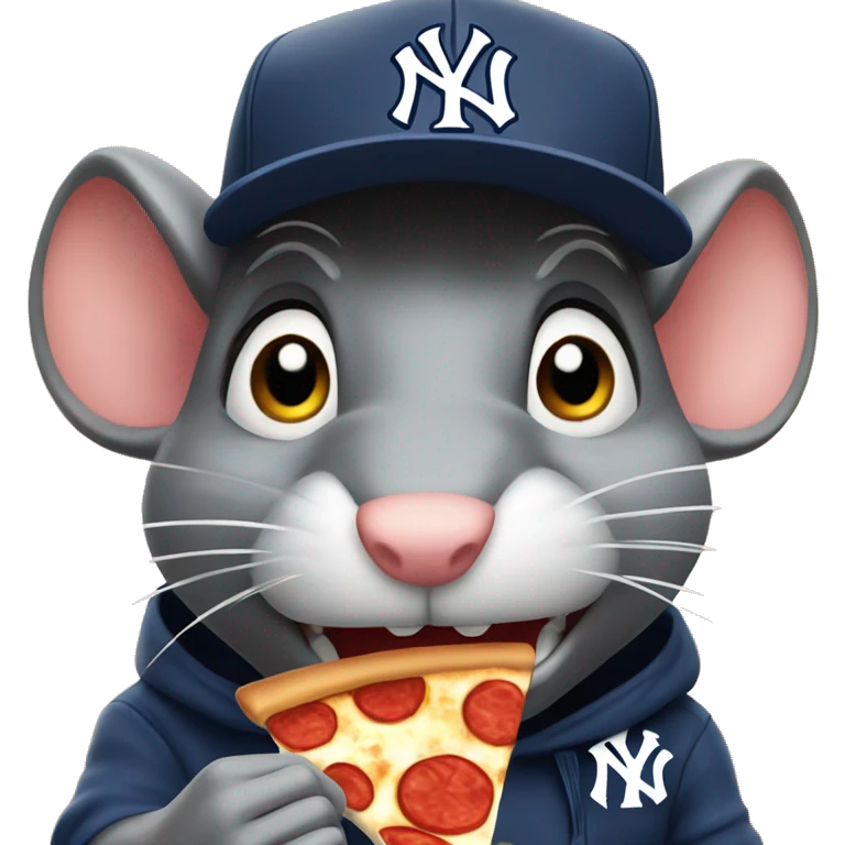 close up of angry rat eating a pizza while wearing New York yankee cap emoji