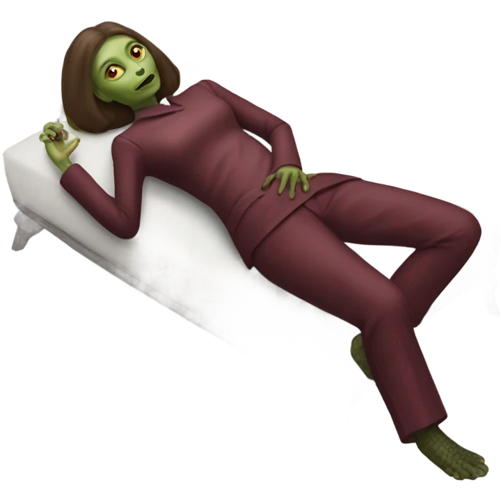 a Reptilian alien woman, laying down, full body, inBurgundy buckle dress pants emoji