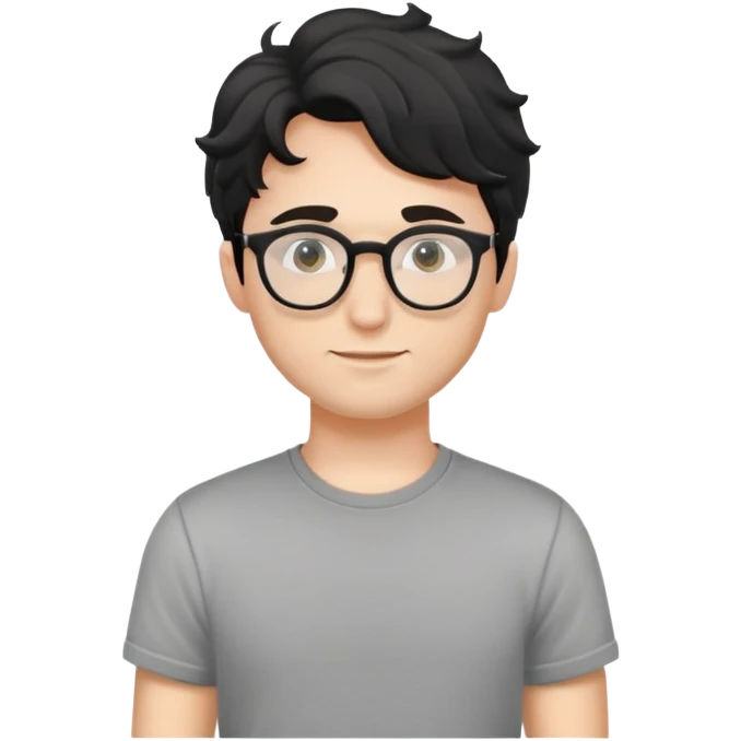 Young caucasian man with black wavy hair, round glasses, simple grey t-shirt emoji