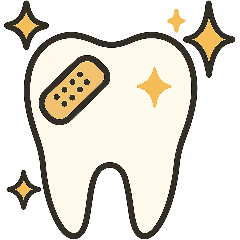 flat toon style tooth with a bandage and sparkles emoji