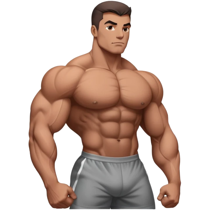 Bodybuilder striking a powerful pose, showcasing well-defined muscles and strength. The figure stands confidently, with a dynamic, muscular silhouette against a minimalistic background, emphasizing physique and dedication. A subtle light highlights the details of the muscles. Transparent background. emoji