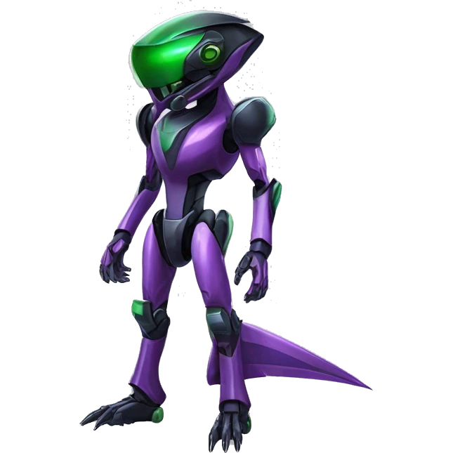 a shiny black-green-purple Genesect-Raptor-Fakémon-Medabot-hybrid with a futuristic visor-helmet full body emoji