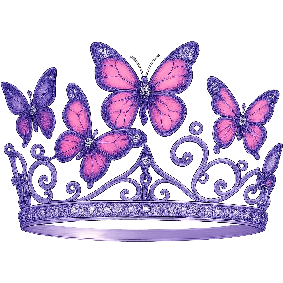 butterfly crown with a lavender base, butterflies in purple and pink enamel, sparkling gems, transparent background emoji