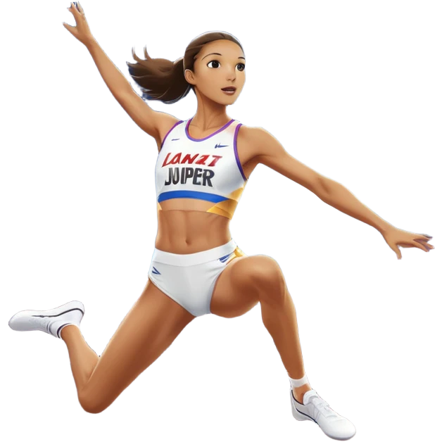 An icon featuring a female high jumper in mid-air, gracefully clearing a bar on a track. She wears a white athletic uniform and appears focused, with the background showcasing a vibrant stadium with cheering spectators and bright lights. Transparent background highlights the elegance  emoji
