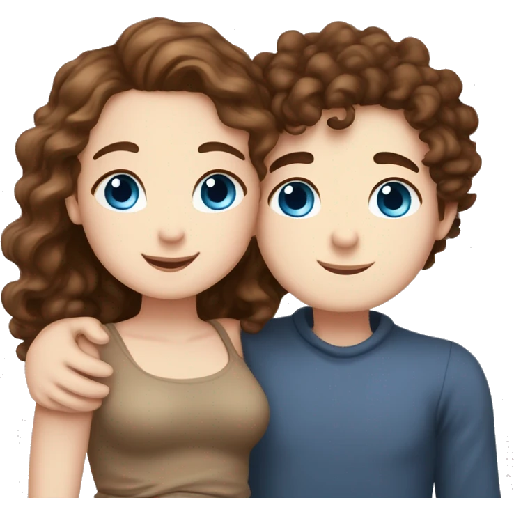 Cute chubby Girl with brown curly hair and blue eyes and pale skin with freckles hugging a tall handsome boy with brown hair brown eyes and white skin emoji